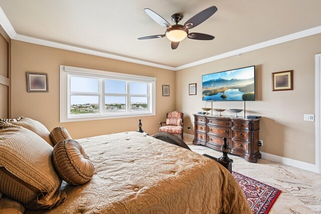 2640 Lake Shore Dr Unit 1510, Riviera Beach, FL 33404 - bedroom featuring crown molding, baseboards, and ceiling fan