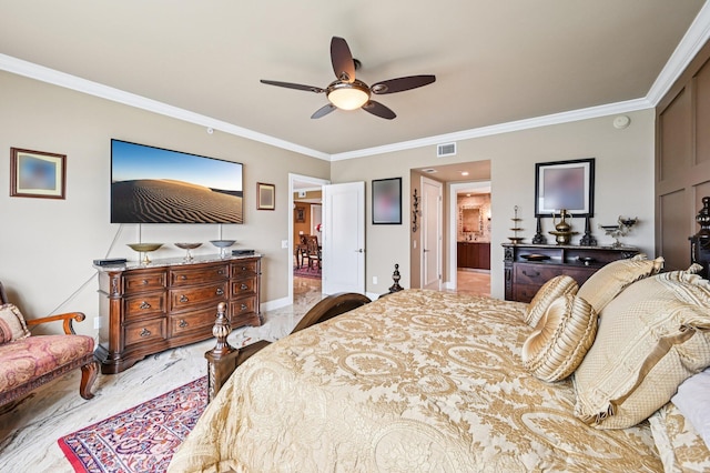 2640 Lake Shore Dr Unit 1510, Riviera Beach, FL 33404 - bedroom featuring crown molding, light marble finish flooring, baseboards, connected bathroom, and ceiling fan