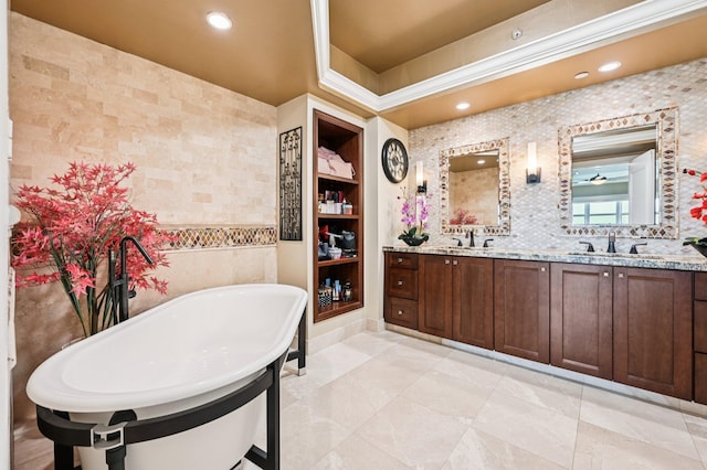 2640 Lake Shore Dr Unit 1510, Riviera Beach, FL 33404 - full bath featuring double vanity, a freestanding tub, and recessed lighting