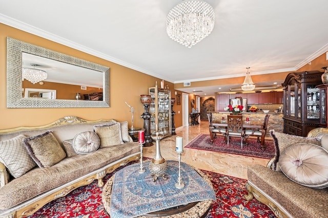 2640 Lake Shore Dr Unit 1510, Riviera Beach, FL 33404 - living room with ornamental molding and a chandelier