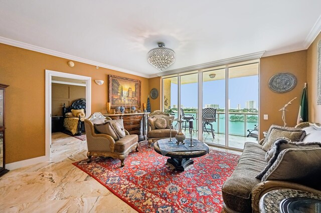 2640 Lake Shore Dr Unit 1510, Riviera Beach, FL 33404 - living area with crown molding, a water view, marble tiled floors, and floor to ceiling windows