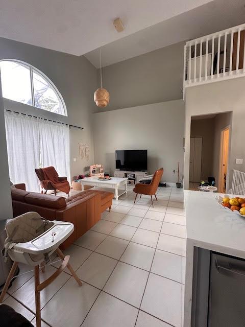 9202 Olmstead Dr, Lake Worth, FL 33467 - living area with high vaulted ceiling and light tile patterned floors