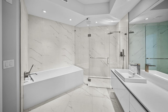 3100 N Ocean Dr Unit H-1708, Singer Island, FL 33404 - full bath featuring a bath, a marble finish shower, vanity, marble tiled flooring, and recessed lighting