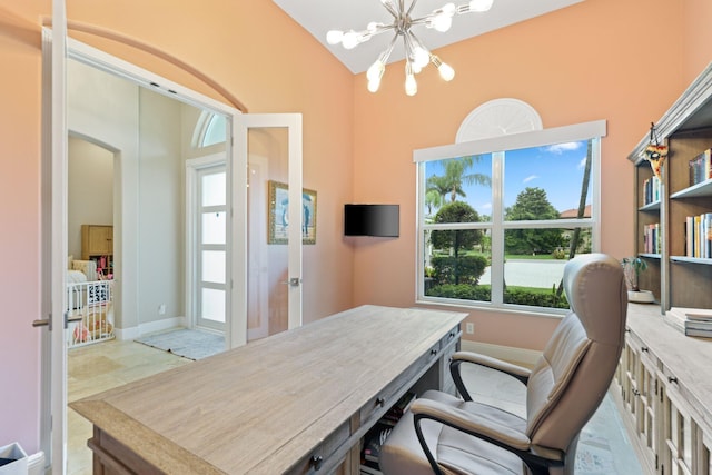 7815 Fairway Ln, West Palm Beach, FL 33412 - office area with a chandelier, baseboards, arched walkways, french doors, and lofted ceiling