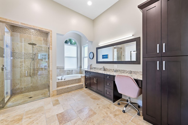 7815 Fairway Ln, West Palm Beach, FL 33412 - full bathroom with a bath, vanity, a shower stall, stone tile floors, and recessed lighting