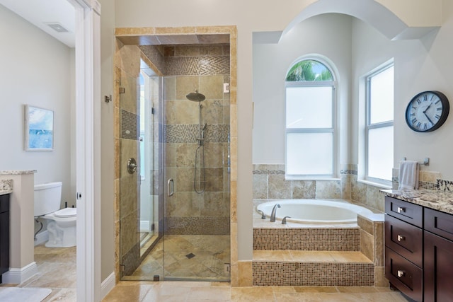 7815 Fairway Ln, West Palm Beach, FL 33412 - bathroom with vanity, a bath, toilet, and a stall shower