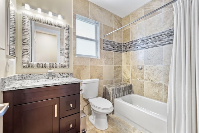7815 Fairway Ln, West Palm Beach, FL 33412 - bathroom with shower / bathtub combination with curtain, toilet, vanity, and tile walls