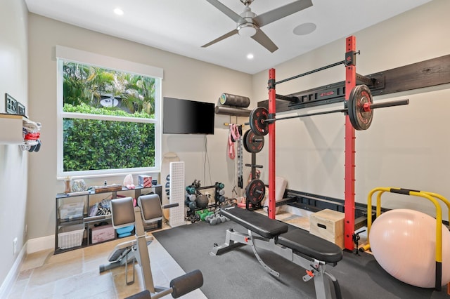 7815 Fairway Ln, West Palm Beach, FL 33412 - workout area featuring a ceiling fan, baseboards, and recessed lighting