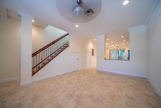 8328 Cocoplum Sound Ln, West Palm Beach, FL 33411 - unfurnished living room featuring recessed lighting, stairway, crown molding, ceiling fan, and baseboards