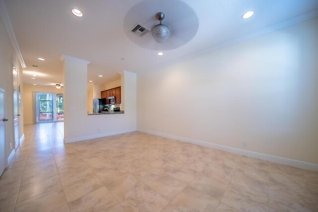 8328 Cocoplum Sound Ln, West Palm Beach, FL 33411 - unfurnished living room with ceiling fan, crown molding, recessed lighting, and baseboards