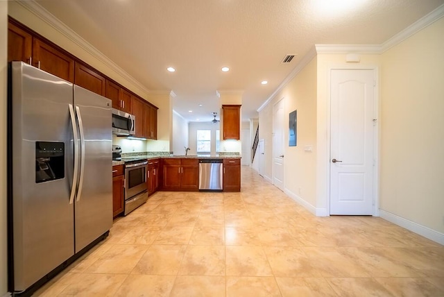 8328 Cocoplum Sound Ln, West Palm Beach, FL 33411 - kitchen with appliances with stainless steel finishes, a sink, a peninsula, ornamental molding, and recessed lighting