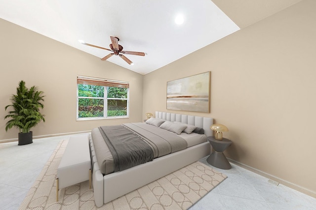 7535 Tarpon Cove Cir, Lake Worth, FL 33467 - tiled bedroom featuring baseboards, vaulted ceiling, and ceiling fan