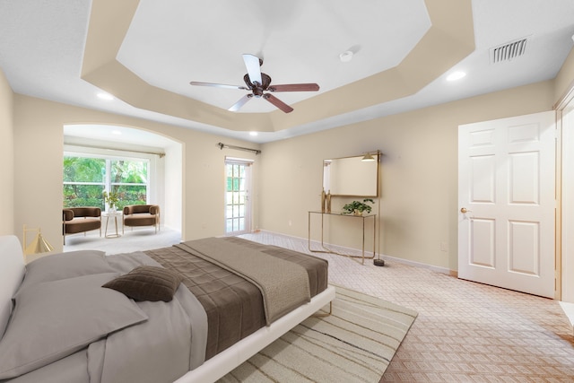 7535 Tarpon Cove Cir, Lake Worth, FL 33467 - bedroom with carpet floors, recessed lighting, a tray ceiling, baseboards, and a ceiling fan