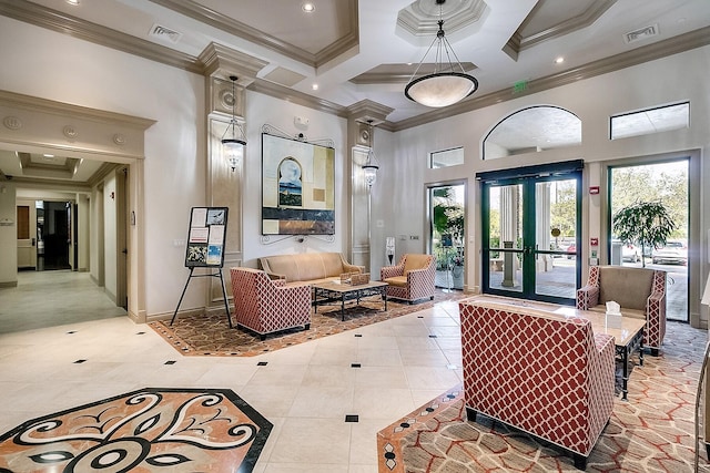 7535 Tarpon Cove Cir, Lake Worth, FL 33467 - community lobby featuring a towering ceiling, ornamental molding, coffered ceiling, beamed ceiling, and recessed lighting
