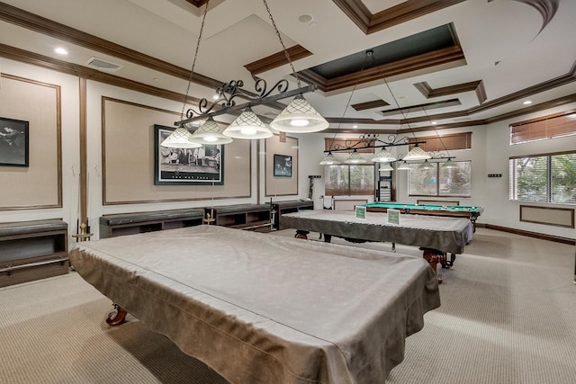 7535 Tarpon Cove Cir, Lake Worth, FL 33467 - rec room featuring billiards table, crown molding, coffered ceiling, baseboards, and recessed lighting