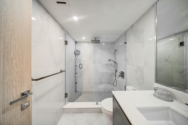 901 E Camino Real Unit 2A, Boca Raton, FL 33432 - bathroom with toilet, a shower stall, vanity, and recessed lighting