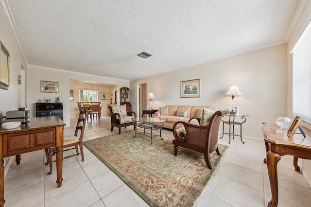 1803 SW 5th Ave, Boynton Beach, FL 33426 - living room with light tile patterned flooring, a textured ceiling, and crown molding