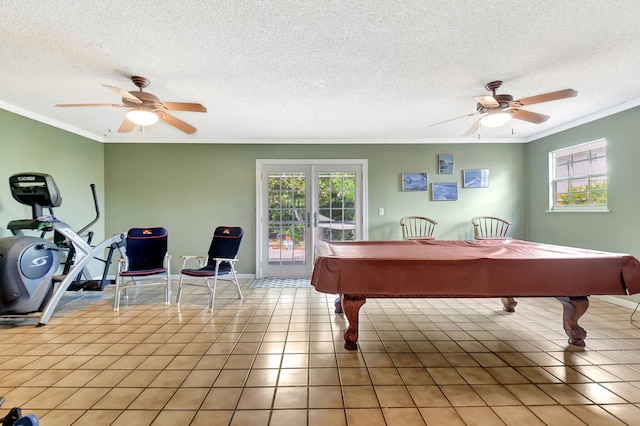 201 Rex Ct, Palm Springs, FL 33461 - playroom featuring a ceiling fan, crown molding, a textured ceiling, billiards table, and light tile patterned flooring