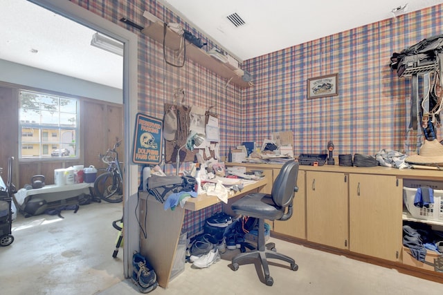 201 Rex Ct, Palm Springs, FL 33461 - office area featuring wallpapered walls and concrete flooring