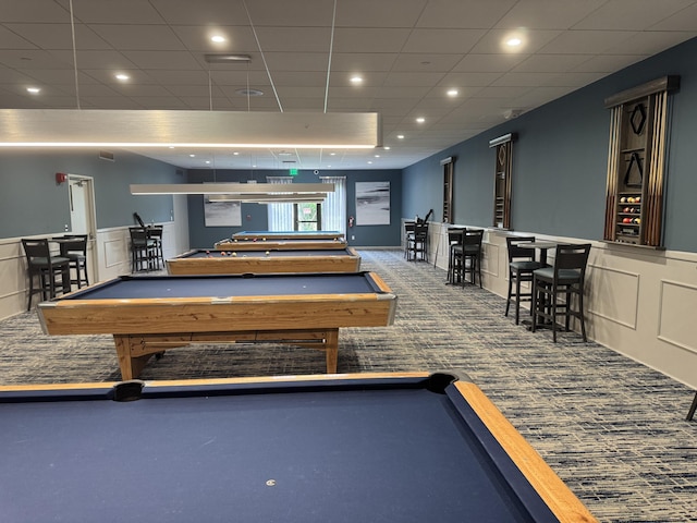 7535 S Orile Blvd Unit 108, Delray Beach, FL 33446 - rec room with billiards, carpet flooring, recessed lighting, a wainscoted wall, and a drop ceiling