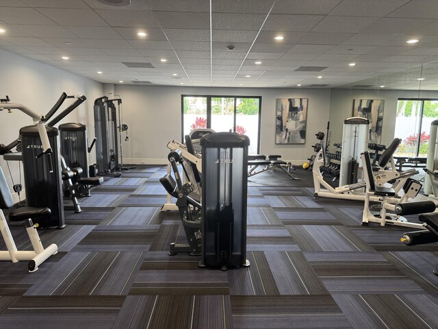 7535 S Orile Blvd Unit 108, Delray Beach, FL 33446 - gym featuring dark colored carpet, baseboards, a drop ceiling, and recessed lighting