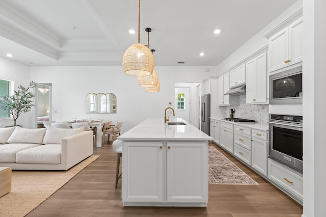 10803 Stellar Cir, Palm Beach Gardens, FL 33412 - kitchen featuring appliances with stainless steel finishes, open floor plan, a sink, under cabinet range hood, and recessed lighting