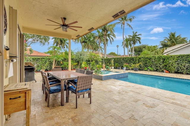 4610 Bucida Rd, Boynton Beach, FL 33436 - view of pool with a patio area, an in-ground hot tub, ceiling fan, a grill, and a fenced backyard