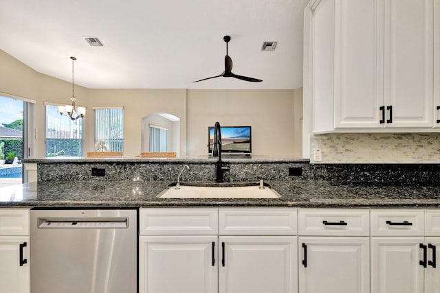 4610 Bucida Rd, Boynton Beach, FL 33436 - kitchen with dishwasher, a sink, a chandelier, white cabinetry, and dark stone countertops