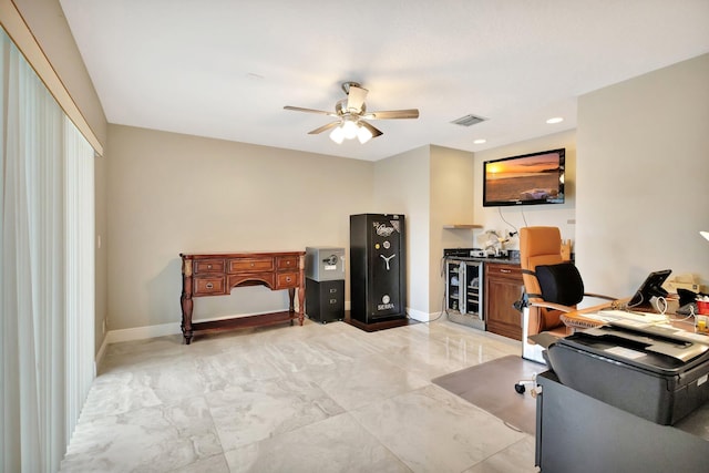 4610 Bucida Rd, Boynton Beach, FL 33436 - home office featuring ceiling fan, light marble finish flooring, baseboards, and recessed lighting