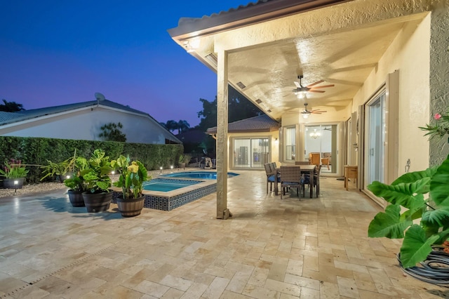 4610 Bucida Rd, Boynton Beach, FL 33436 - view of swimming pool with an in-ground hot tub, a patio area, ceiling fan, and outdoor dining area