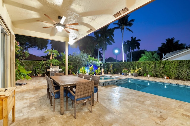 4610 Bucida Rd, Boynton Beach, FL 33436 - pool at twilight with ceiling fan, a patio area, outdoor dining area, and a pool with connected hot tub