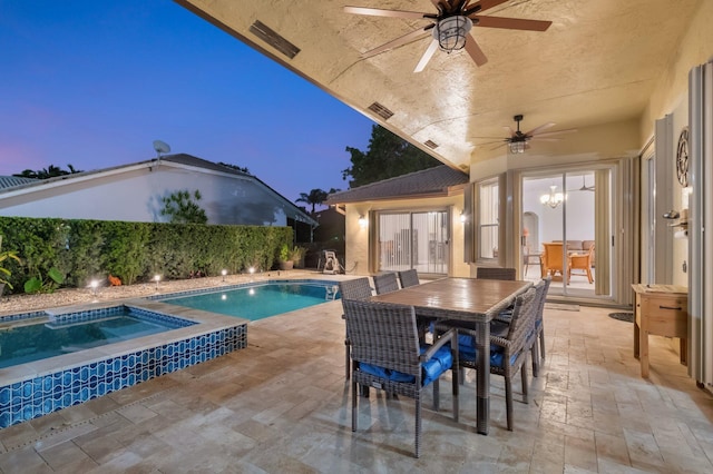 4610 Bucida Rd, Boynton Beach, FL 33436 - view of swimming pool featuring an in-ground hot tub, outdoor dining space, a patio, and ceiling fan