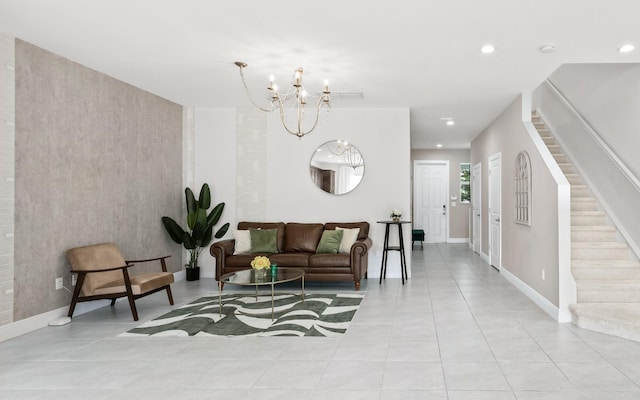 587 Sanderling Cir, Deerfield Beach, FL 33442 - living area featuring a chandelier, stairs, recessed lighting, baseboards, and light tile patterned floors