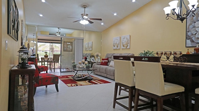 804 Sky Pine Way Unit C, Greenacres, FL 33415 - tiled dining room featuring a ceiling fan, a chandelier, vaulted ceiling, and recessed lighting
