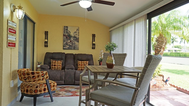804 Sky Pine Way Unit C, Greenacres, FL 33415 - living room with ceiling fan, lofted ceiling, and light tile patterned floors
