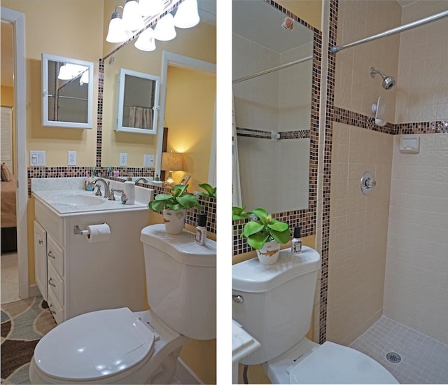 804 Sky Pine Way Unit C, Greenacres, FL 33415 - bathroom with toilet, vanity, tiled shower, tile walls, and backsplash