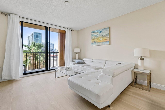 651 Okeechobee Blvd Unit 408, West Palm Beach, FL 33401 - living area featuring light wood-style flooring, a textured ceiling, expansive windows, baseboards, and a city view