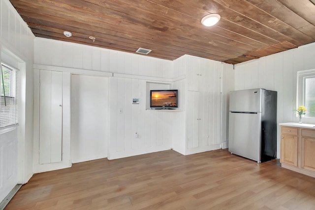 701 S J St, Lake Worth Beach, FL 33460 - kitchen featuring freestanding refrigerator, light wood-type flooring, wooden ceiling, and light countertops