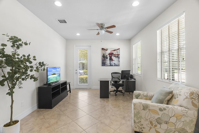 2757 Wymberly Dr, Jupiter, FL 33458 - office space with a ceiling fan, recessed lighting, light tile patterned floors, and baseboards