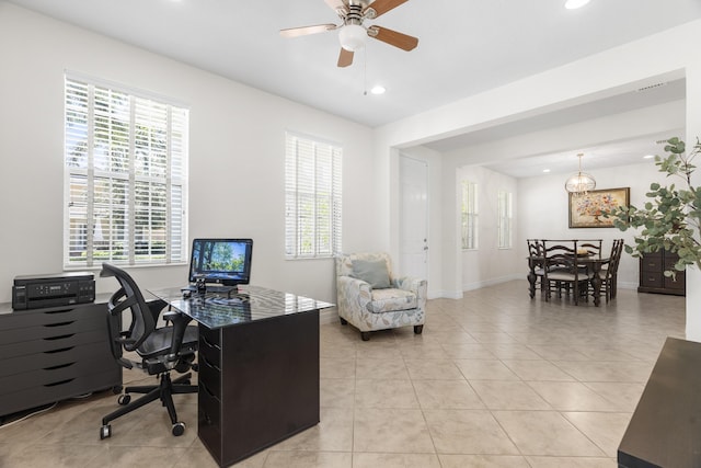2757 Wymberly Dr, Jupiter, FL 33458 - office space with recessed lighting, light tile patterned flooring, ceiling fan, baseboards, and a chandelier