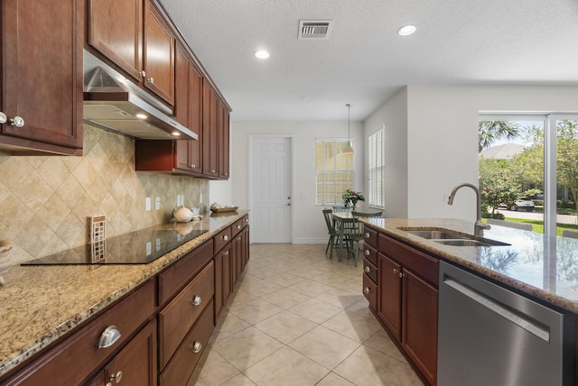 2757 Wymberly Dr, Jupiter, FL 33458 - kitchen featuring stainless steel dishwasher, a sink, under cabinet range hood, decorative backsplash, and black electric cooktop