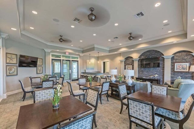 2757 Wymberly Dr, Jupiter, FL 33458 - dining room with a raised ceiling, ceiling fan, crown molding, baseboards, and recessed lighting