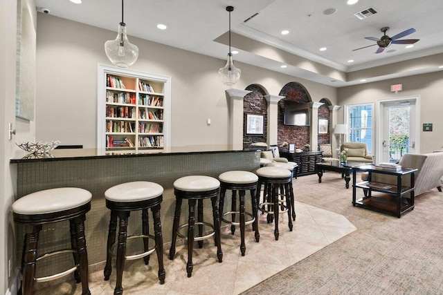 2757 Wymberly Dr, Jupiter, FL 33458 - community bar area featuring recessed lighting, a tray ceiling, a ceiling fan, pendant lighting, and light carpet