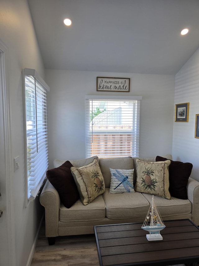 319 N J St, Lake Worth Beach, FL 33460 - living area featuring wood finished floors, lofted ceiling, recessed lighting, and baseboards