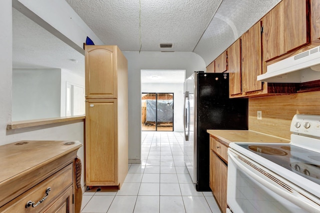 6160 SW 4th St, Margate, FL 33068 - kitchen featuring white electric stove, under cabinet range hood, light countertops, light tile patterned flooring, and a textured ceiling