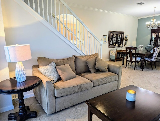3104 SW Porpoise Cir, Stuart, FL 34997 - living area featuring stairs, a chandelier, crown molding, tile patterned floors, and baseboards