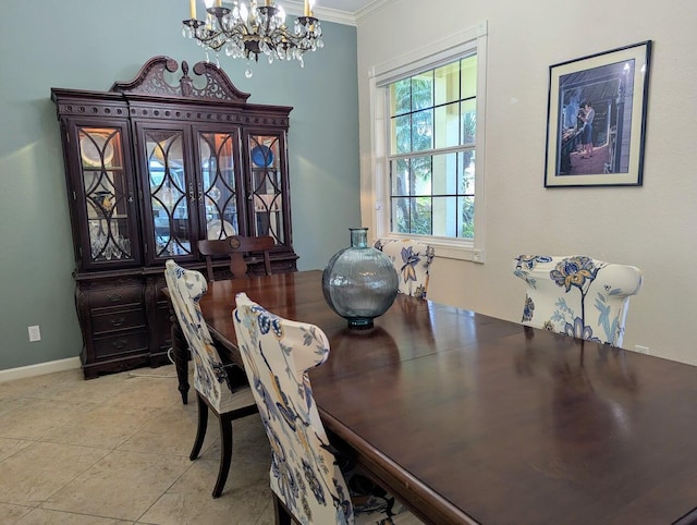 3104 SW Porpoise Cir, Stuart, FL 34997 - dining area featuring a chandelier, ornamental molding, light tile patterned floors, and baseboards