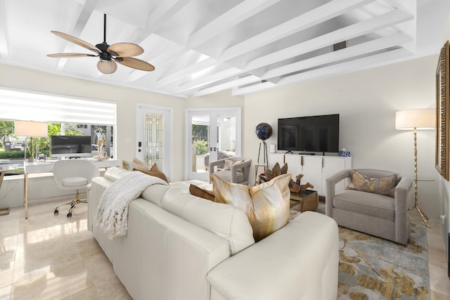 1501 S Palmway, Lake Worth, FL 33460 - living room featuring a desk, ceiling fan, and beamed ceiling