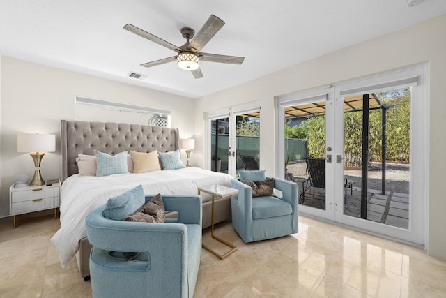 1501 S Palmway, Lake Worth, FL 33460 - bedroom with french doors, access to outside, ceiling fan, and light tile patterned floors