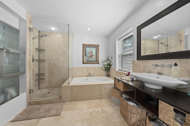 1501 S Palmway, Lake Worth, FL 33460 - full bathroom with a garden tub, a shower stall, vanity, recessed lighting, and tile patterned flooring
